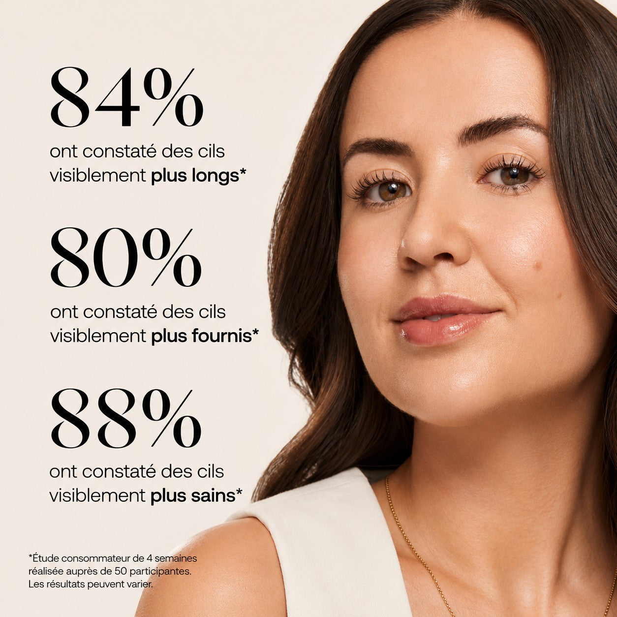 Femme souriante présentant les résultats cliniques du sérum revitalisant pour cils Lumina Lash sur fond beige