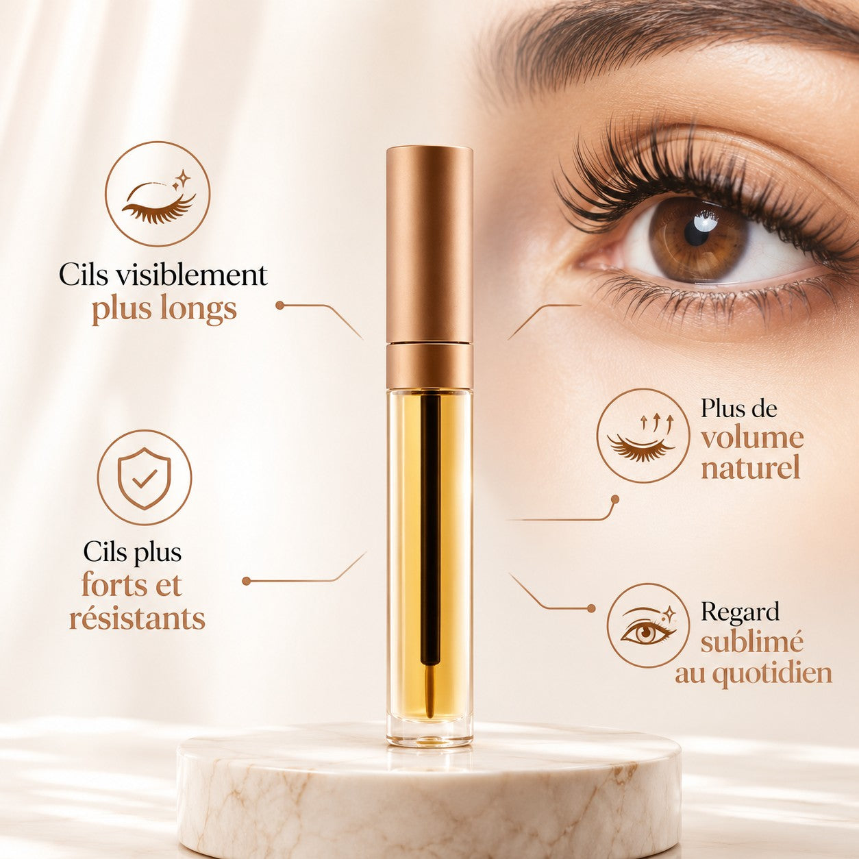 Sérum revitalisant pour cils Lumina Lash dans un flacon doré sur socle en marbre avec gros plan sur un œil maquillé